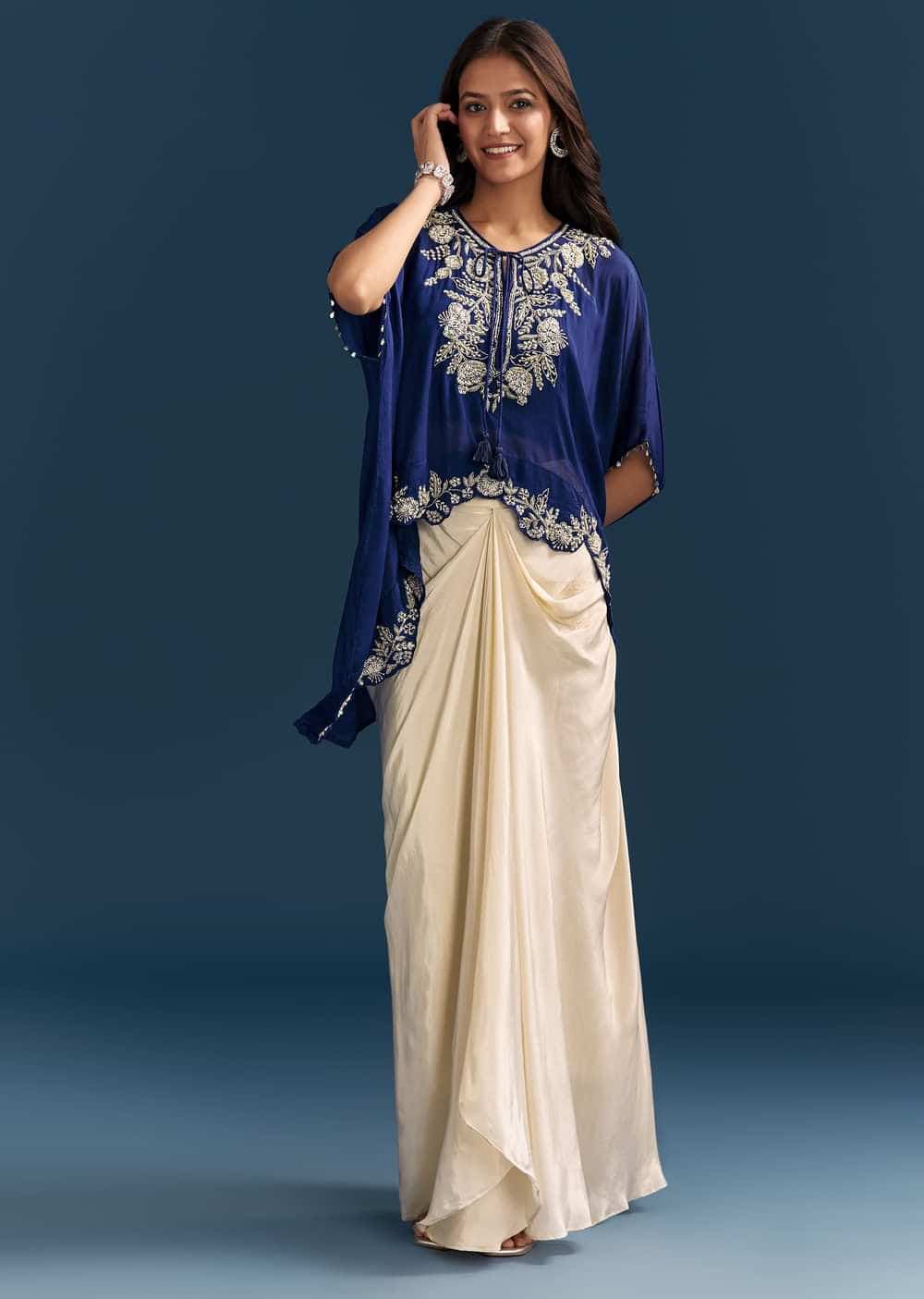 Blue Cape Crop Top Skirt Set With Embroidered